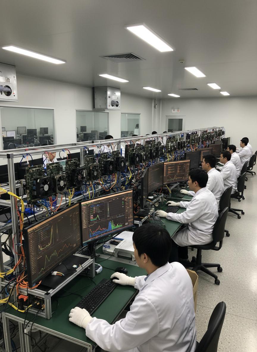 质检工程师在产线上对显卡运行 FurMark